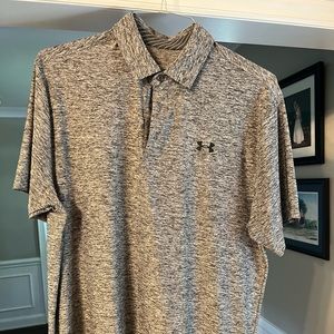Under Armour golf polo, size Large, gray with black UA logo on chest and back.